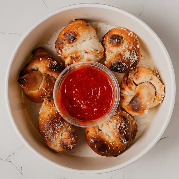 Pazza Pizza garlic knots with parmesan cheese and a side of marinara sauce in a white bowl.