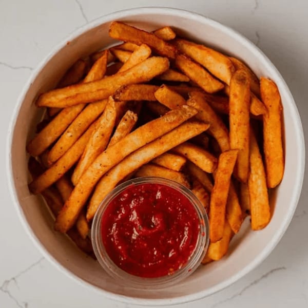 A white bowl filled with golden-brown french fries and a small cup of red ketchup.
