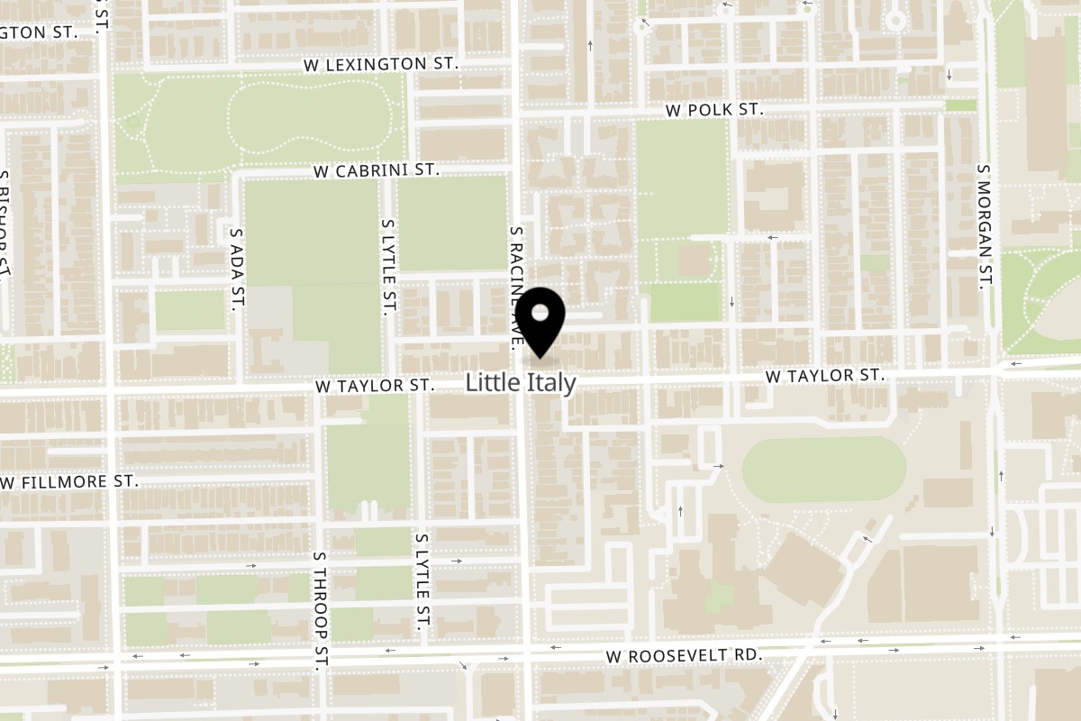 Map showing the location of Pazza Pizza Little Italy on 1158 W Taylor St in Chicago