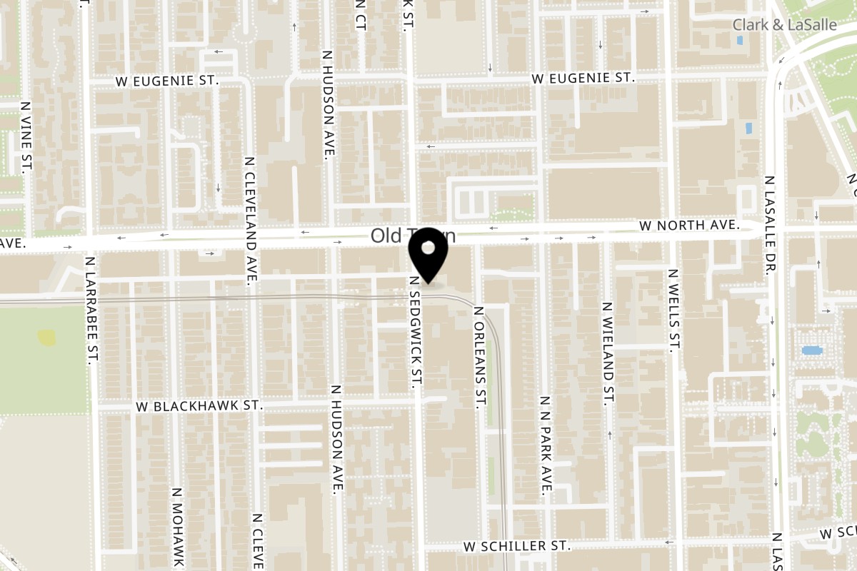 Map showing the location of Pazza Pizza Lincoln Park on 1543 N Sedgwick St in Chicago
